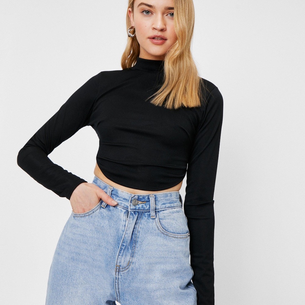 Nasty Gal Ribbed Backless Long Sleeve Crop Top